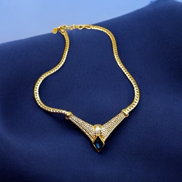 Authentic Vintage Christian Dior Gold Tone  Blue Rhinestone Crystal Necklace 16” - Picture 1 of 15
